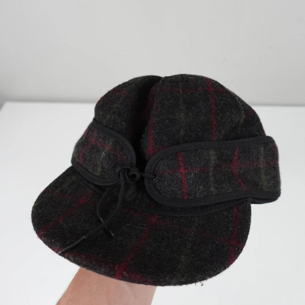 Stormy Kromer Hat Cap Fitted Mens 7 3/8 Gray Plaid Ear Flap Trapper Winter USA